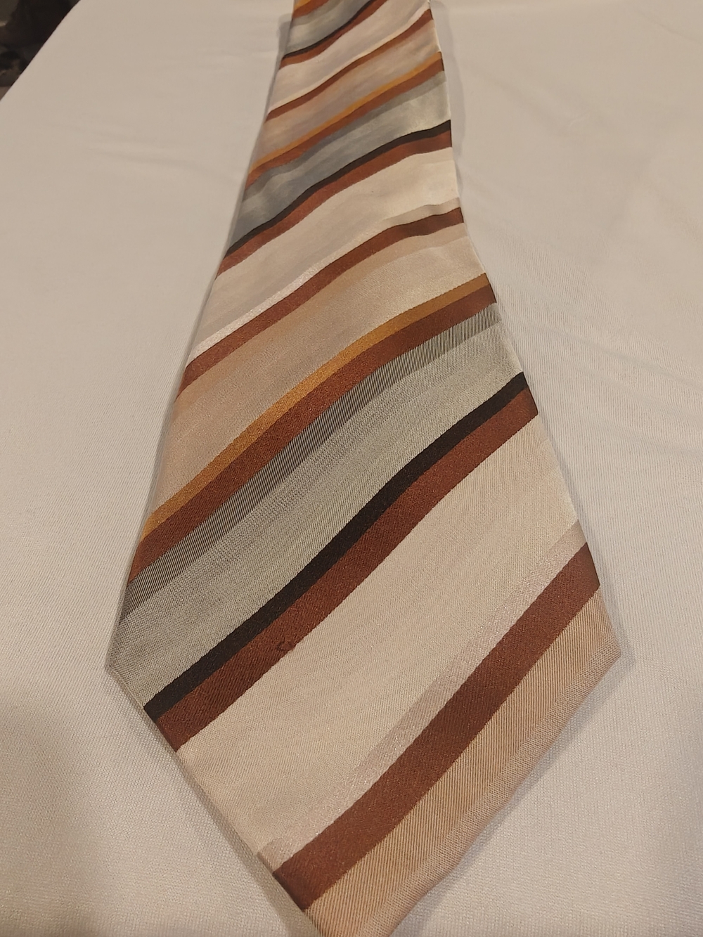 John Ashford Beige Tie with Brown, Gold & Gray Stripes